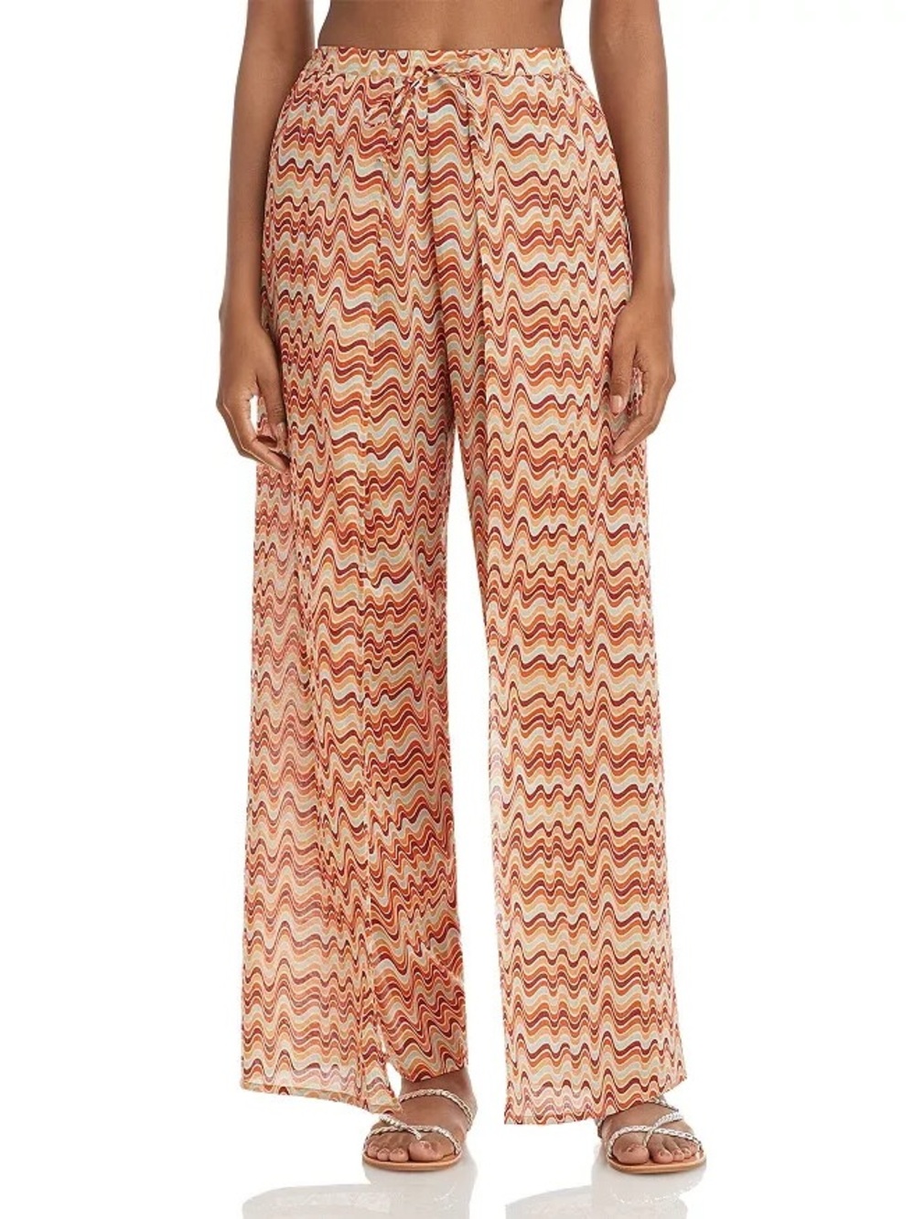 Faithfull the Brand Wide-Leg Wave Print Beach Pants in Rust and Cream